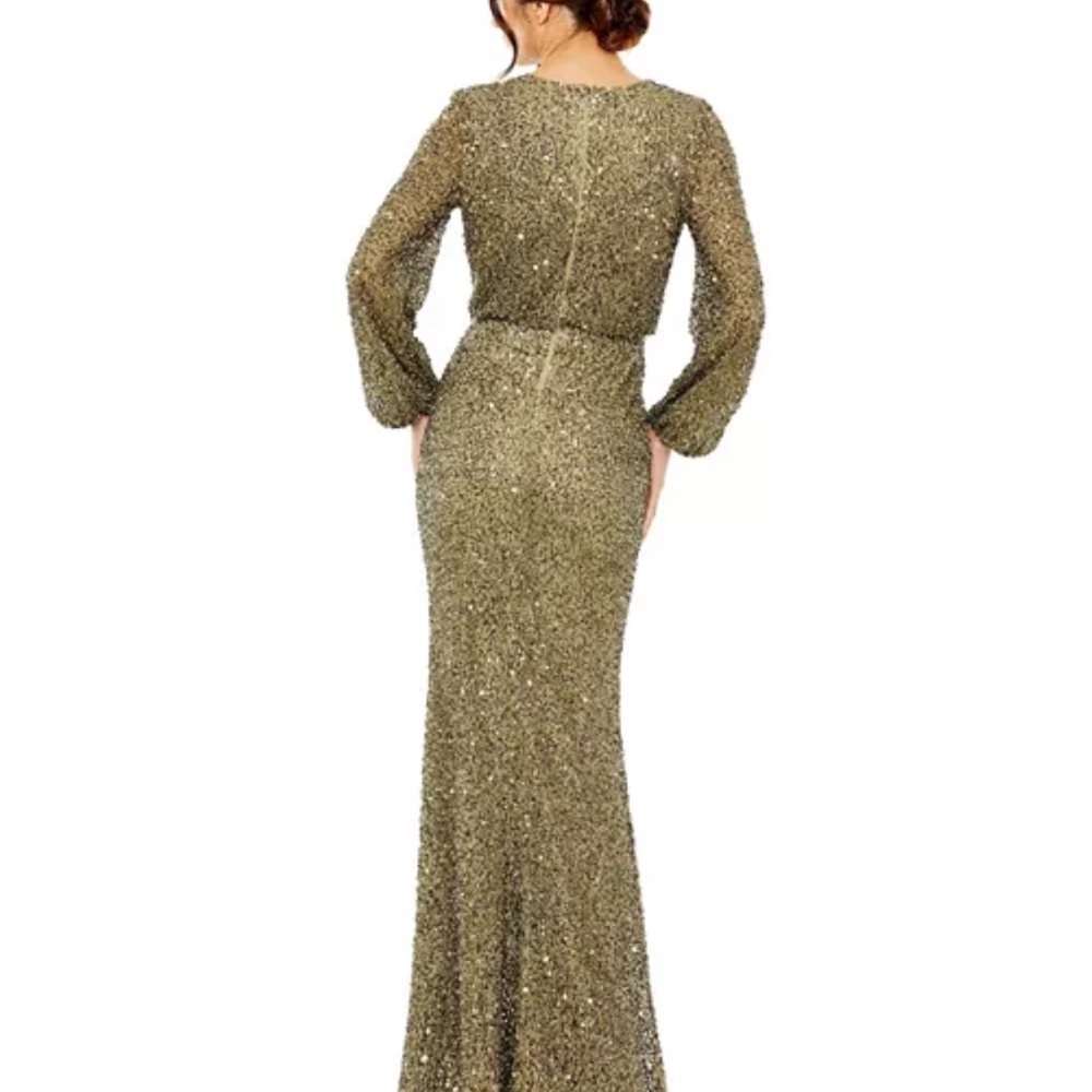 Mac Duggal Sparkling Long Sleeve Olive Green Gown Dress - Picture 4 of 16